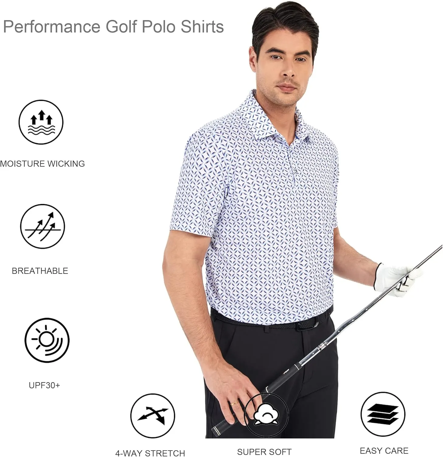 Alex Vando Mens Golf Shirt Moisture Wicking Quick-Dry Print Performance Polo Shirts for Men