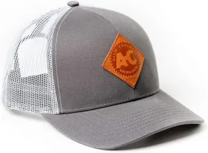 Allis Chalmers Tractor Hat with Leather Emblem, Gray/White Mesh, Vintage Logo