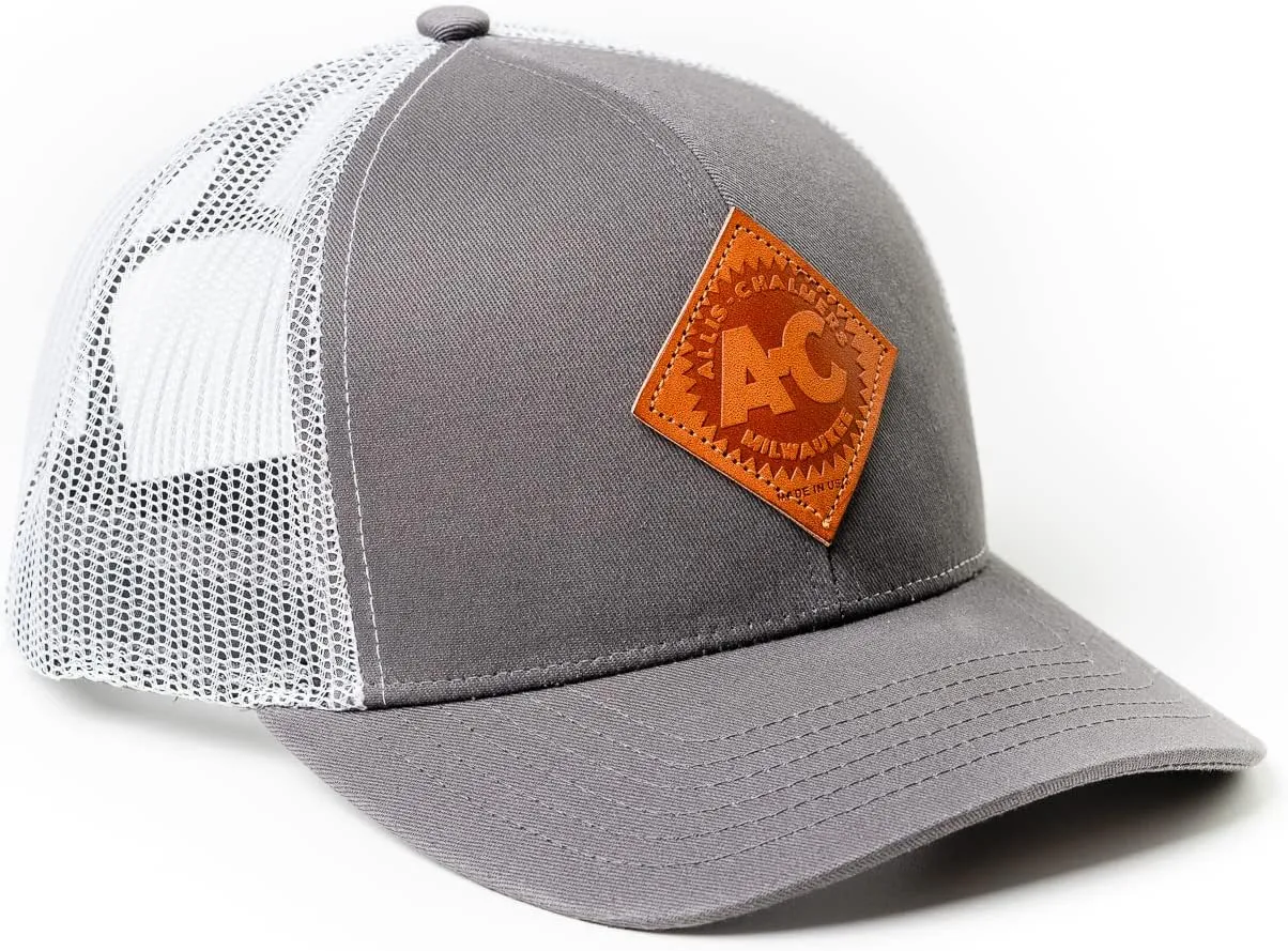 Allis Chalmers Tractor Hat with Leather Emblem, Gray/White Mesh, Vintage Logo
