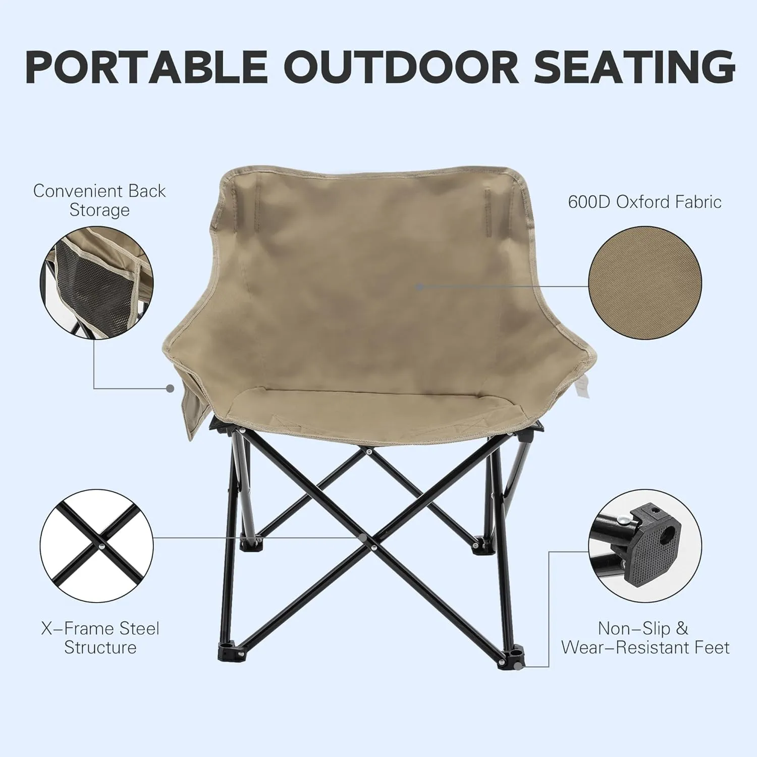 Alunaune Camping Chairs Folding Lawn Chair, Portable Beach Picnic Backpacking Chair for Adults Outdoor Sports Hiking Travel Fishing with Side Pocket Wide Seat-Khaki