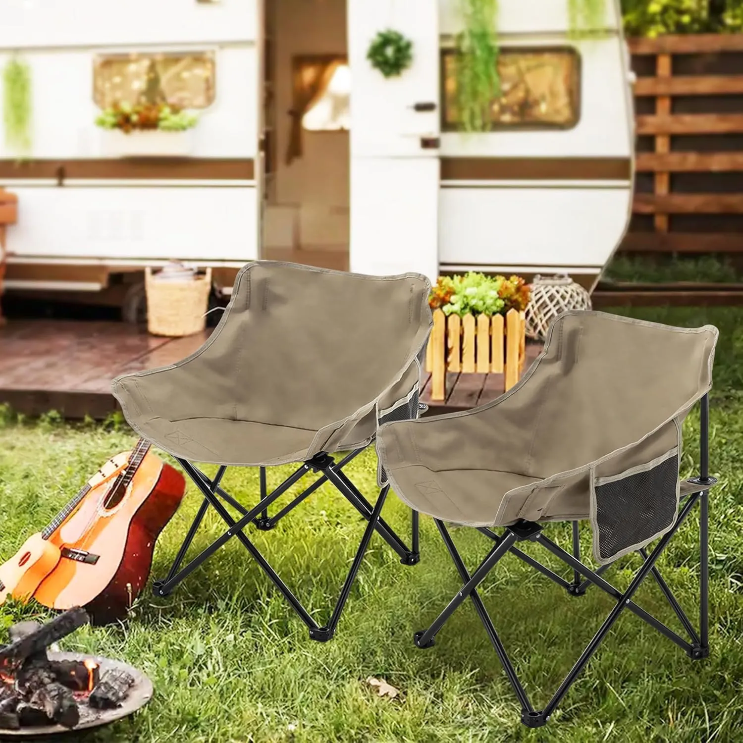 Alunaune Camping Chairs Folding Lawn Chair, Portable Beach Picnic Backpacking Chair for Adults Outdoor Sports Hiking Travel Fishing with Side Pocket Wide Seat-Khaki