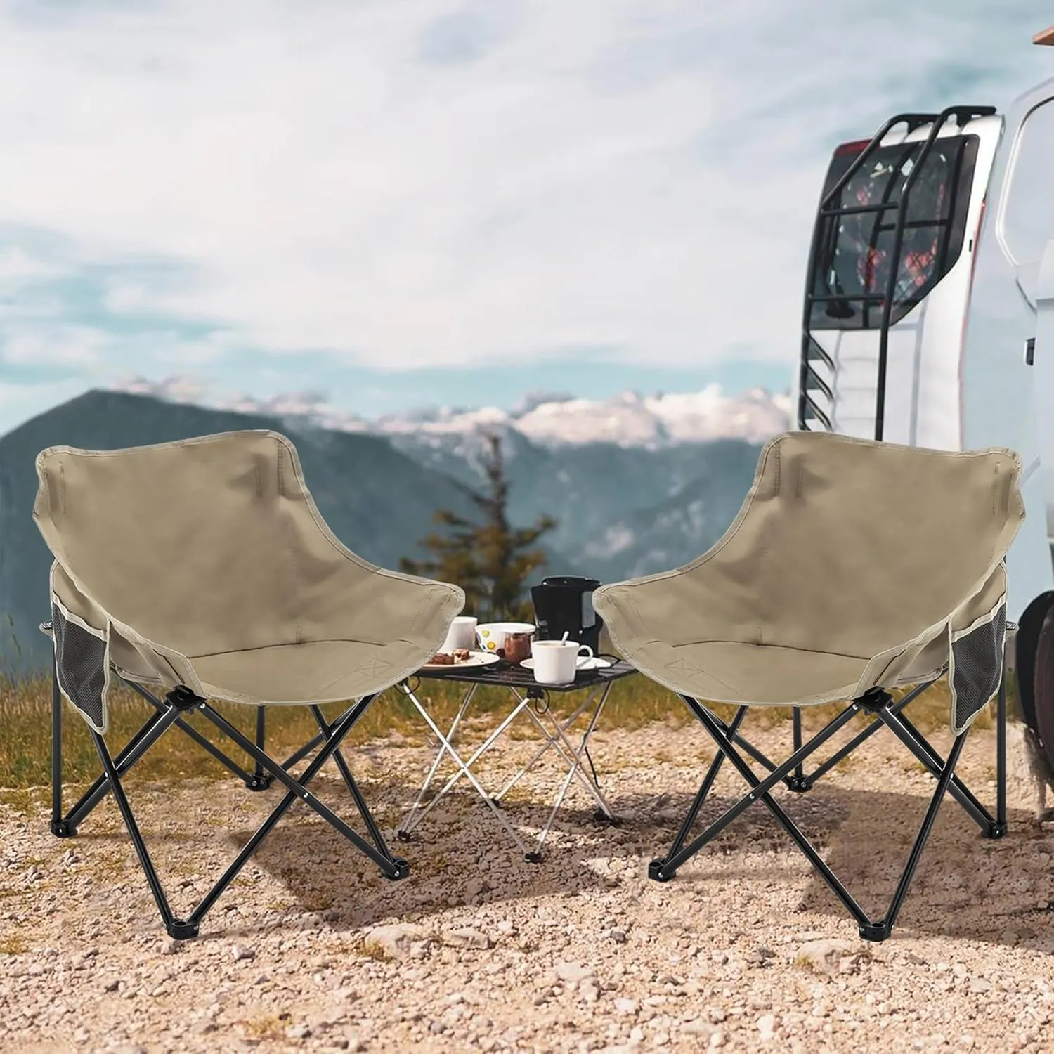 Alunaune Camping Chairs Folding Lawn Chair, Portable Beach Picnic Backpacking Chair for Adults Outdoor Sports Hiking Travel Fishing with Side Pocket Wide Seat-Khaki