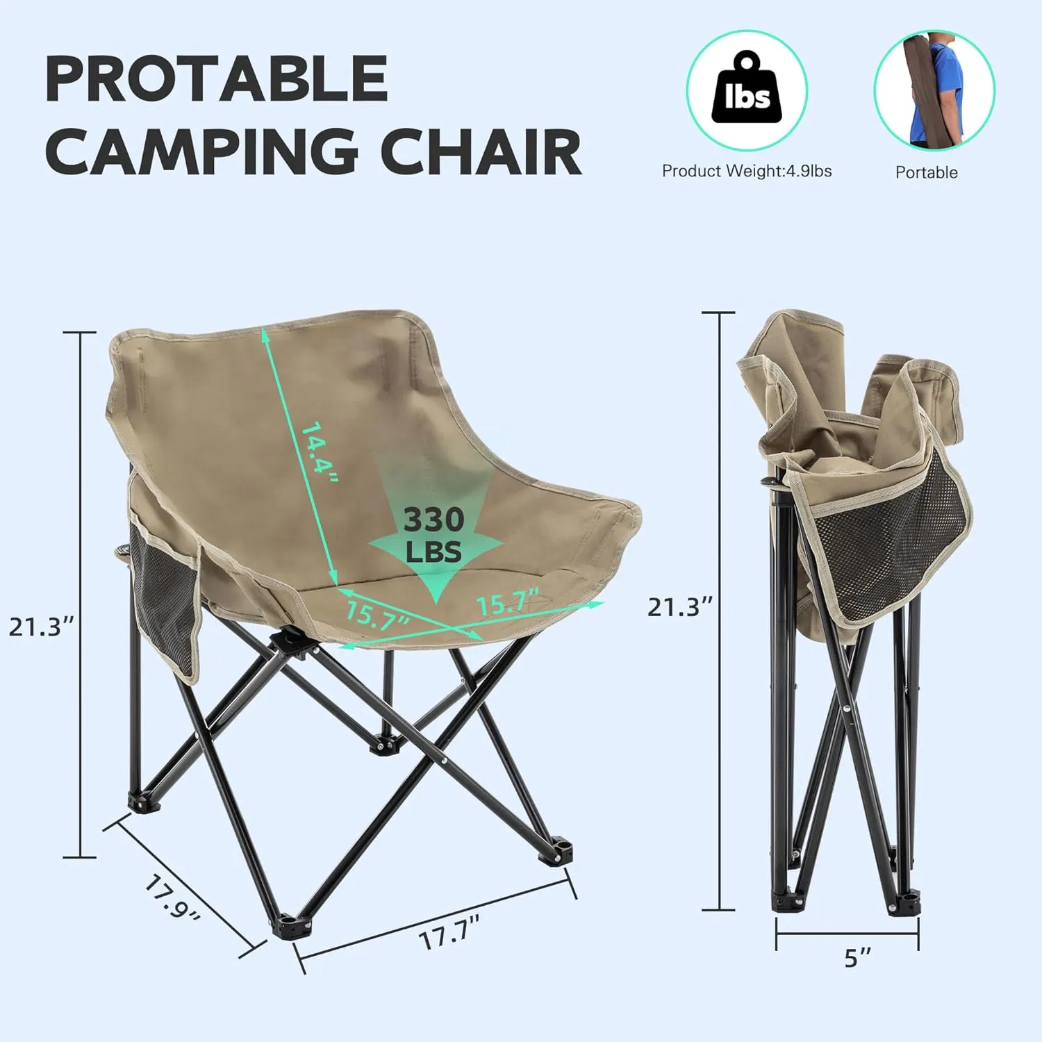 Alunaune Camping Chairs Folding Lawn Chair, Portable Beach Picnic Backpacking Chair for Adults Outdoor Sports Hiking Travel Fishing with Side Pocket Wide Seat-Khaki
