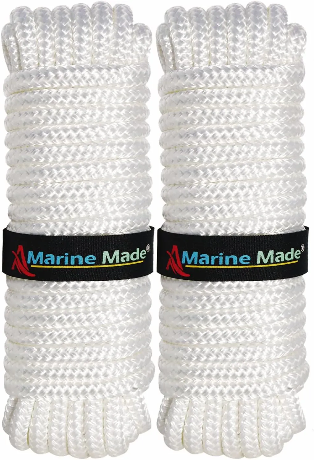 Amarine Made 2 Pack of 3/4 Inch 30 Feet Double Braid Nylon Dockline Mooring Rope Double Braided Dock Line,Working Load Limit:1900LBS,Breaking Strength:9500LBS (White)