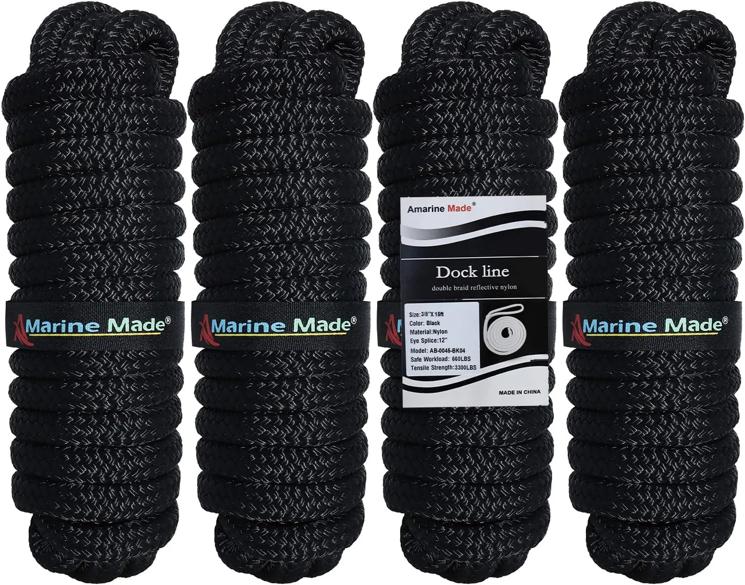 Amarine Made Dock Line Double Braided Nylon Dock Lines 3300 lbs Breaking Strength (L: 15 ft. D:3/8 inch Eyelet: 10 inch) 4 Pack Marine Mooring Rope Boat Dock Lines with Loop Working Load Limit:660 lbs