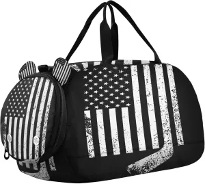 American Flag with Hockey Sports Duffle Bag for Girls Boys, Gym Bag with Shoe Compartment, Kids Travel Overnight Weekender Shoulder Bag