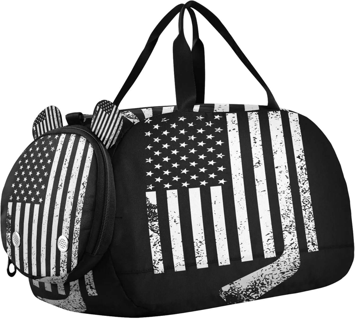 American Flag with Hockey Sports Duffle Bag for Girls Boys, Gym Bag with Shoe Compartment, Kids Travel Overnight Weekender Shoulder Bag
