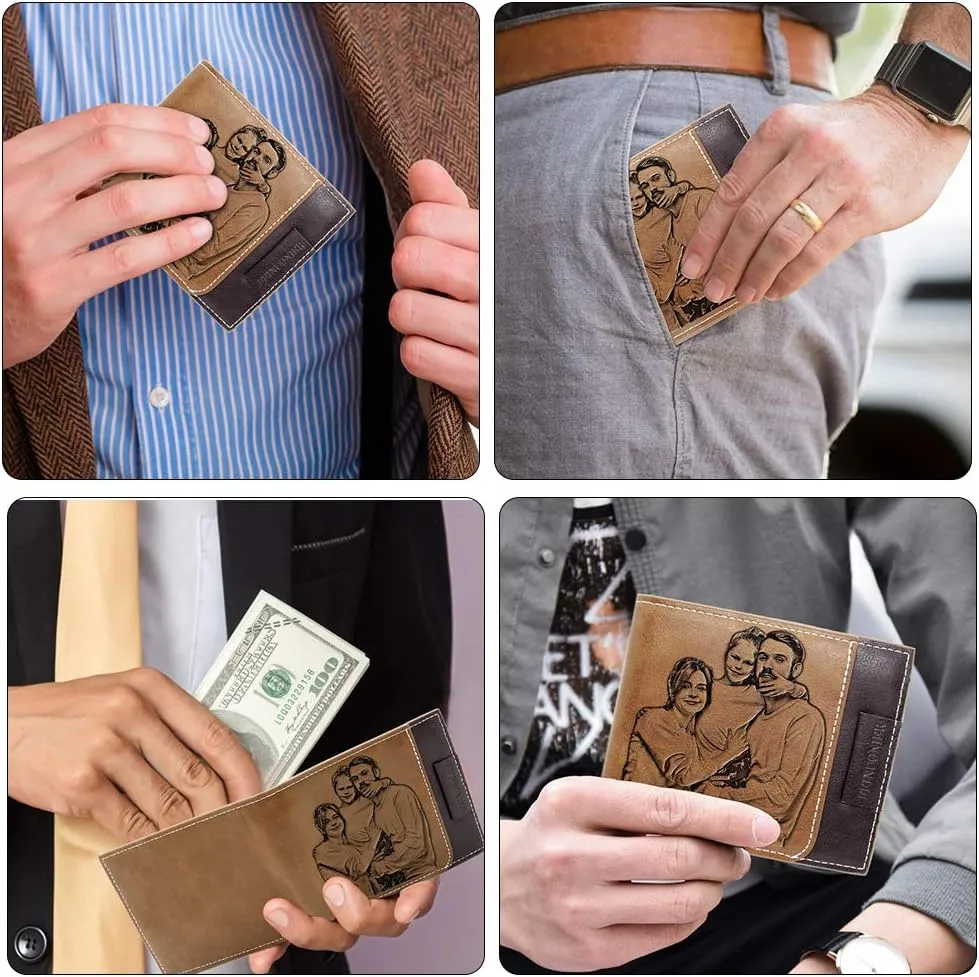 Amlion Personalized Custom Wallets, Engraved Leather Photo Wallet for Men Dad Husband Brown