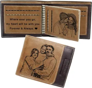 Amlion Personalized Custom Wallets, Engraved Leather Photo Wallet for Men Dad Husband Brown