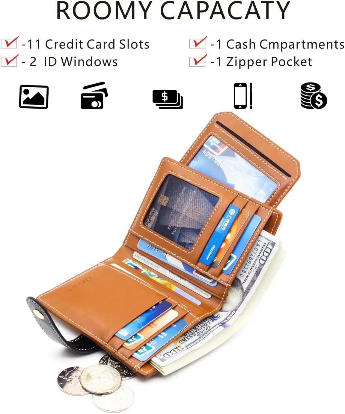 ANDOILT Wallets for Women Genuine Leather Small Bifold Wallet RFID Blocking Card Case Purse with ID Window Coin Pocket