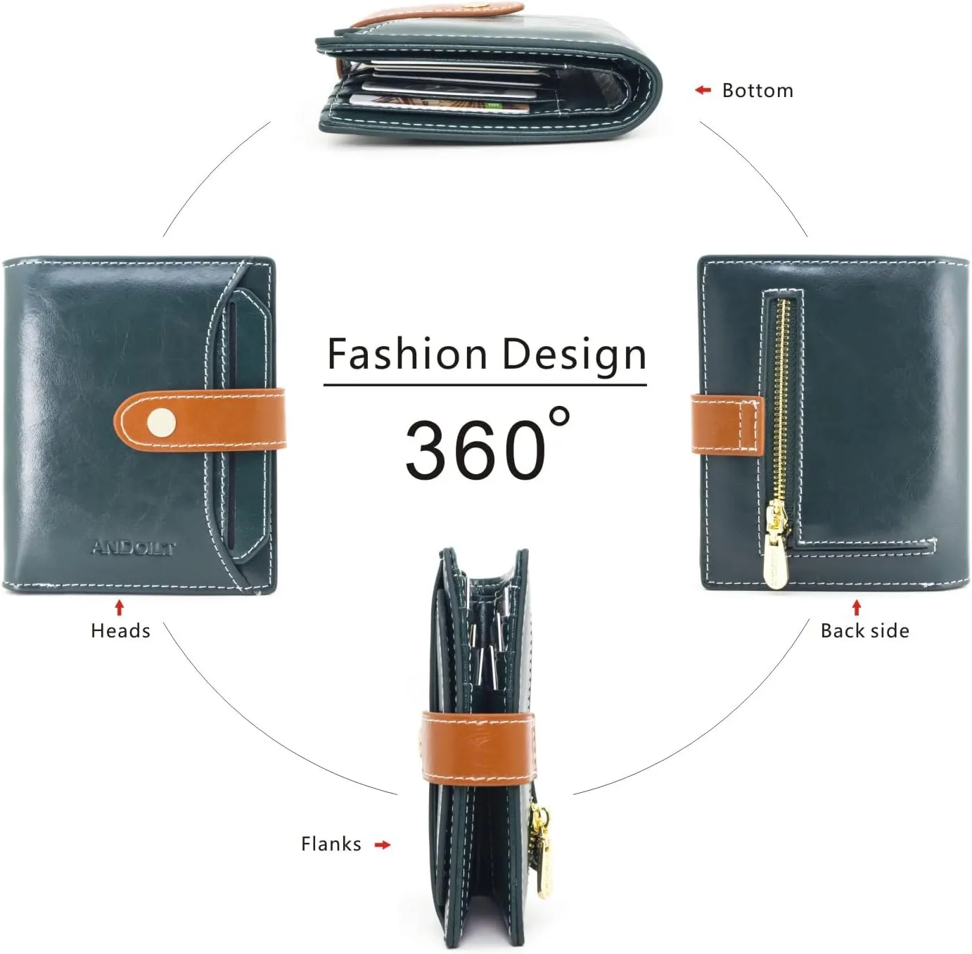 ANDOILT Wallets for Women Genuine Leather Small Bifold Wallet RFID Blocking Card Case Purse with ID Window Coin Pocket