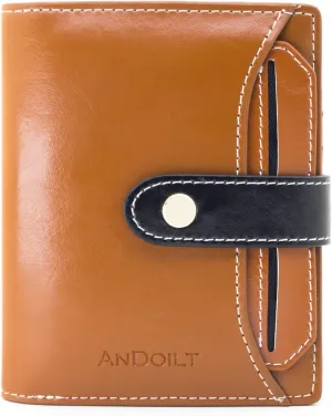 ANDOILT Wallets for Women Genuine Leather Small Bifold Wallet RFID Blocking Card Case Purse with ID Window Coin Pocket