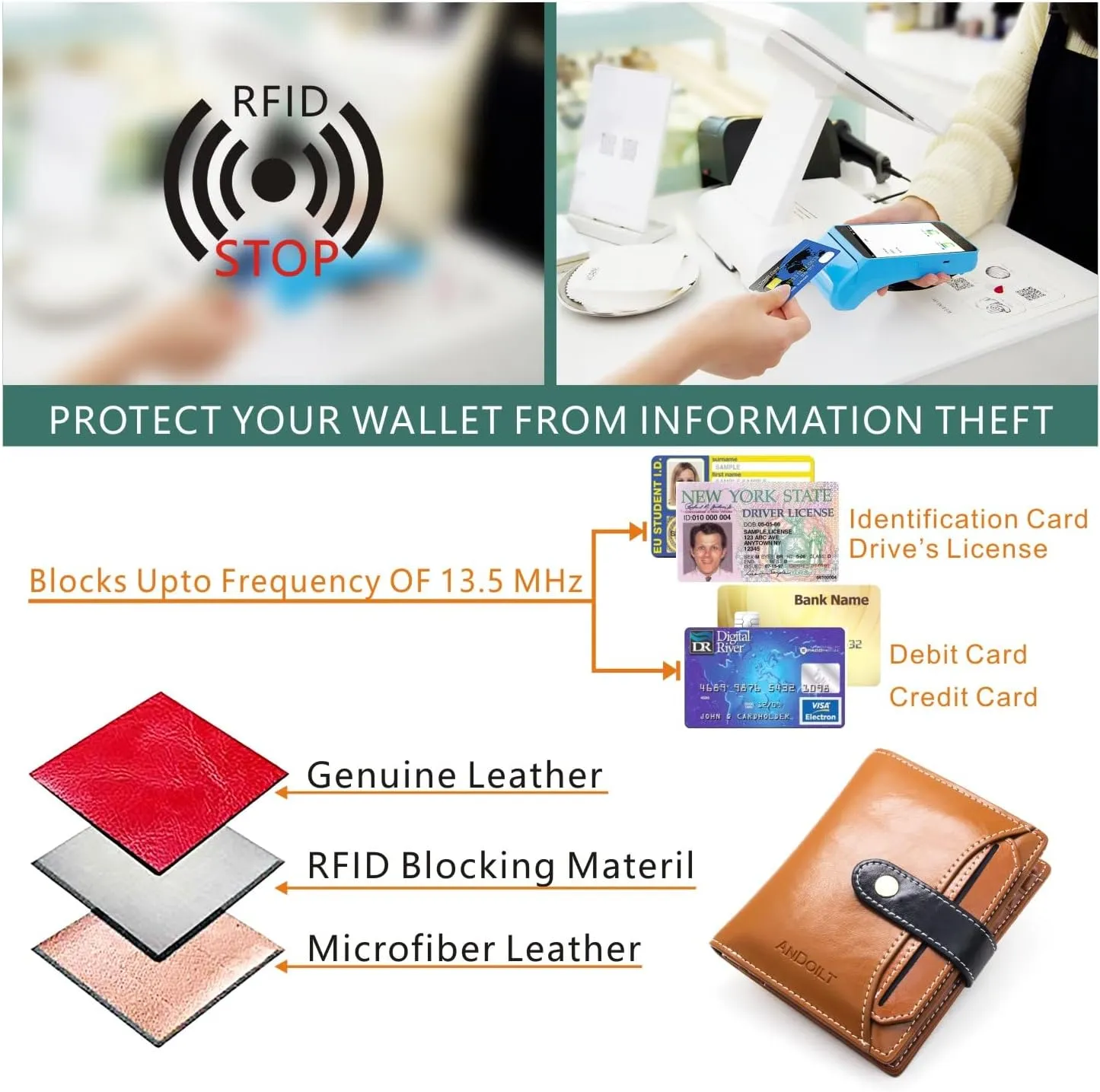 ANDOILT Wallets for Women Genuine Leather Small Bifold Wallet RFID Blocking Card Case Purse with ID Window Coin Pocket