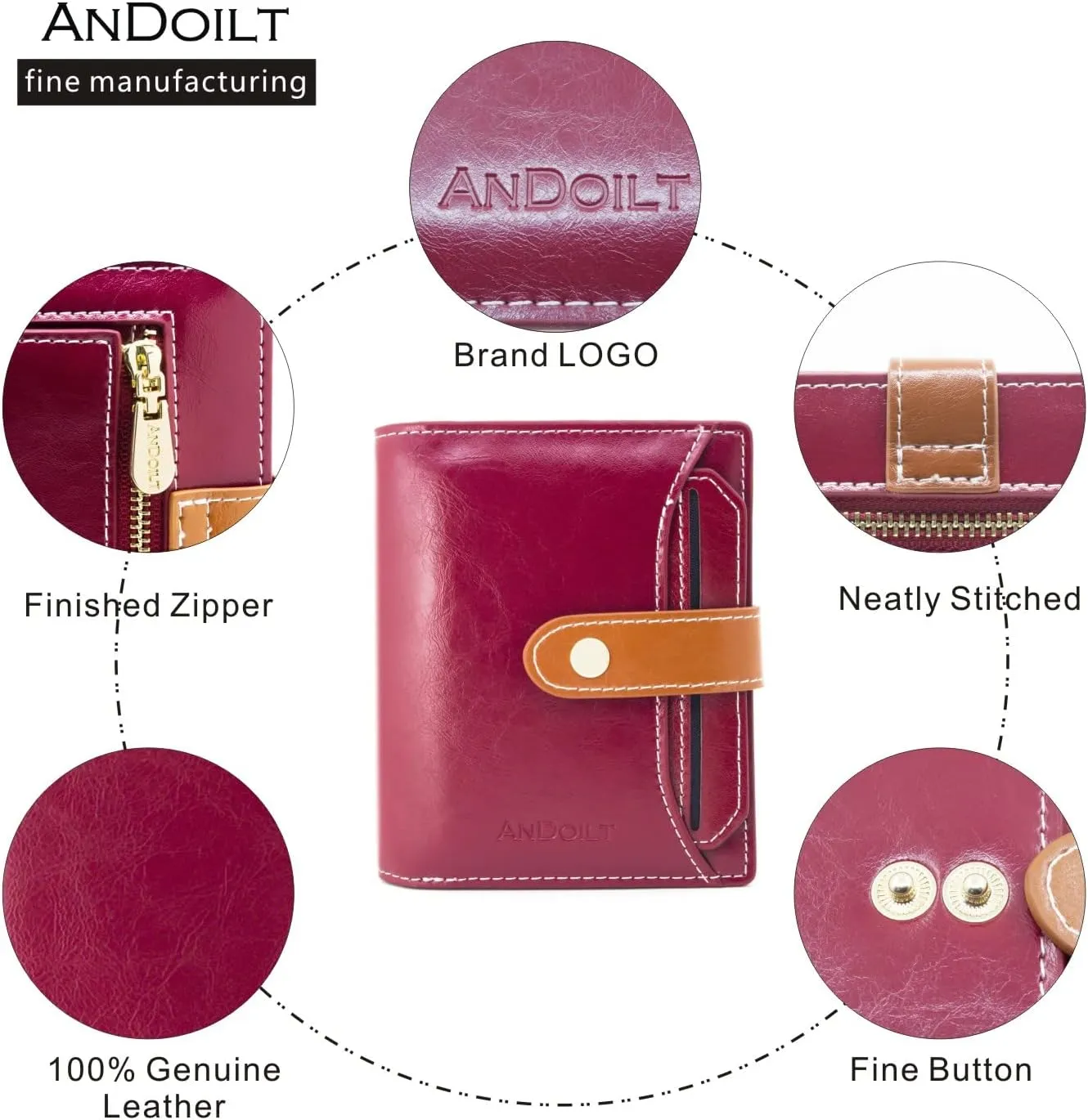 ANDOILT Wallets for Women Genuine Leather Small Bifold Wallet RFID Blocking Card Case Purse with ID Window Coin Pocket
