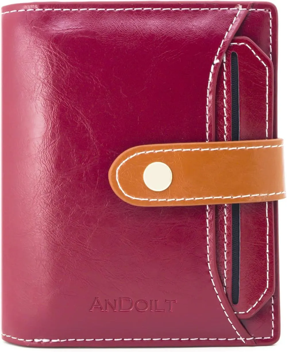 ANDOILT Wallets for Women Genuine Leather Small Bifold Wallet RFID Blocking Card Case Purse with ID Window Coin Pocket