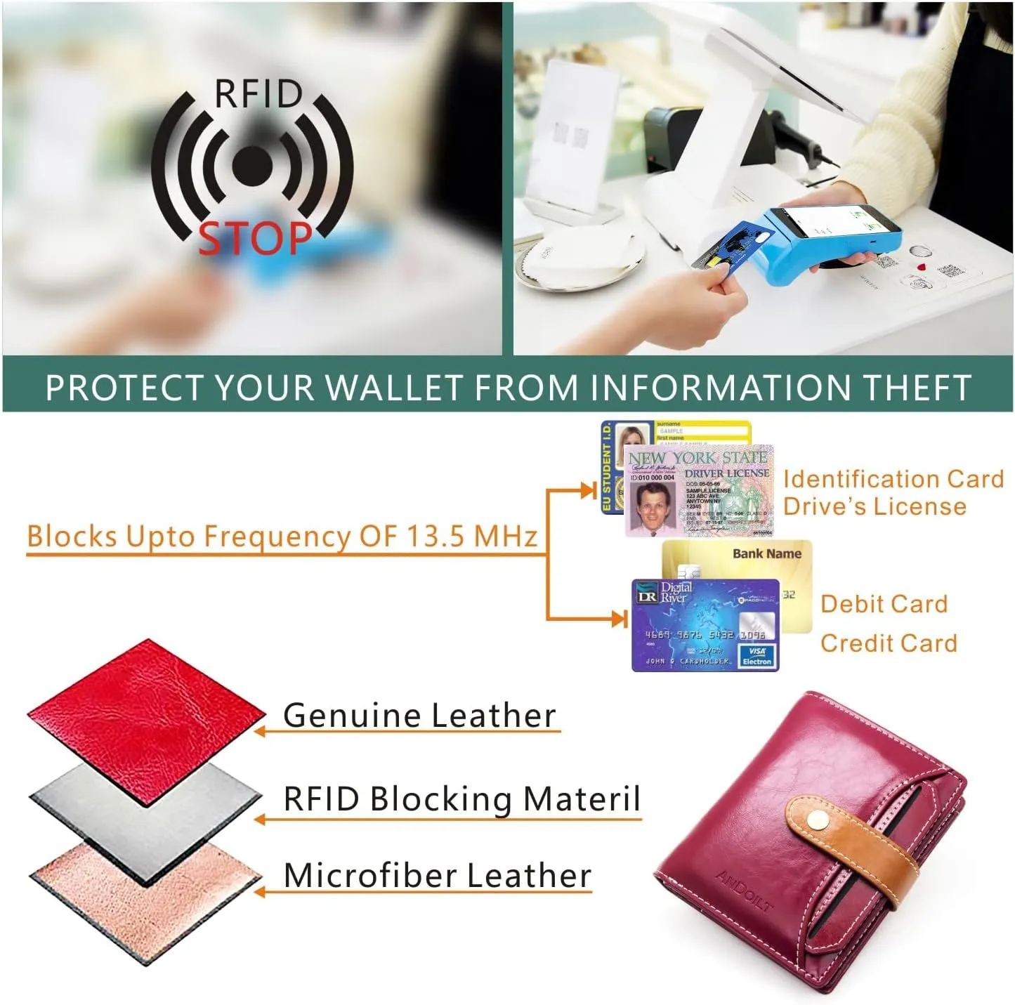 ANDOILT Wallets for Women Genuine Leather Small Bifold Wallet RFID Blocking Card Case Purse with ID Window Coin Pocket