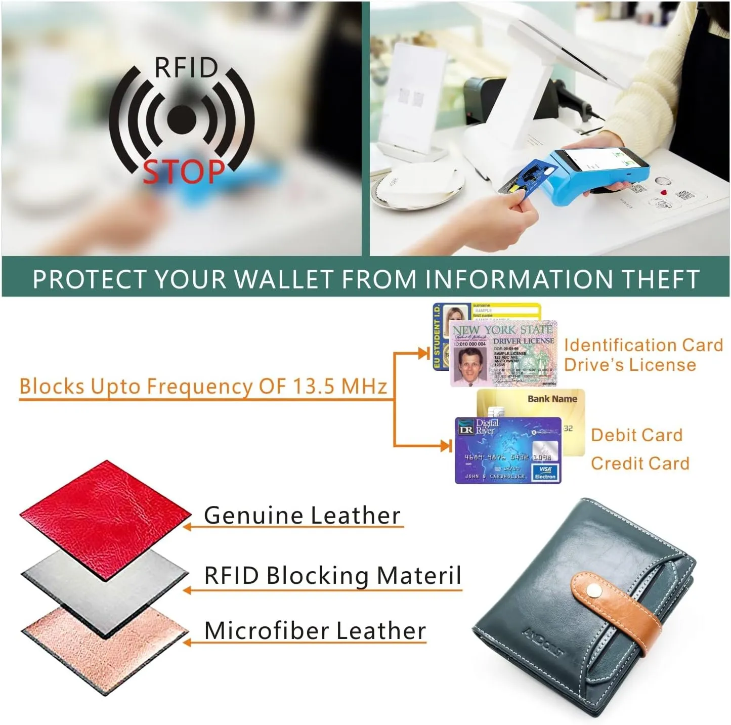 ANDOILT Wallets for Women Genuine Leather Small Bifold Wallet RFID Blocking Card Case Purse with ID Window Coin Pocket