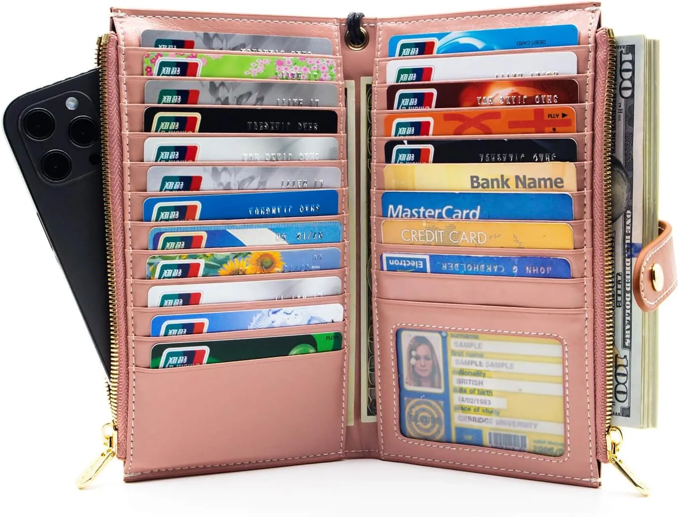 ANDOILT Women's Genuine Leather Wallet RFID Blocking Credit Card Holder Zipper Purse Cell Phone Handbag