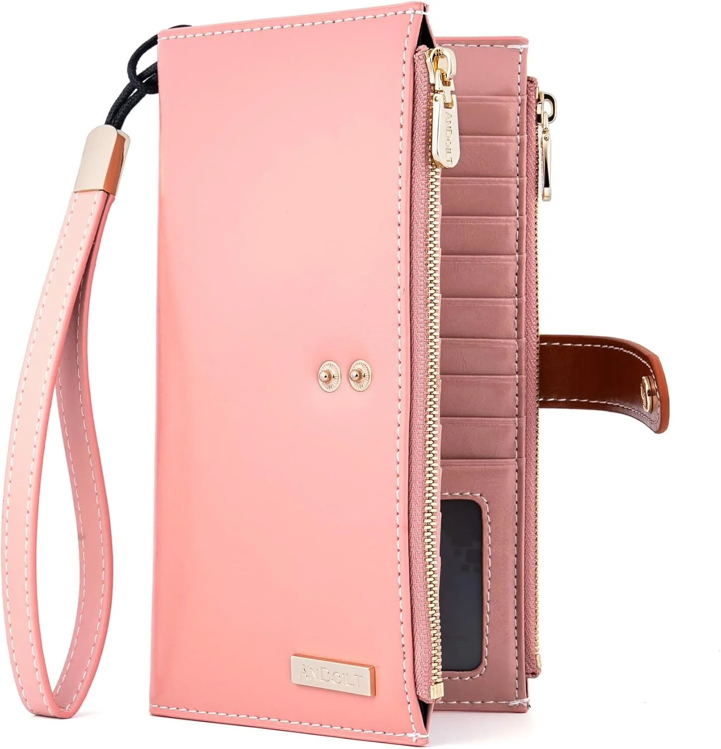 ANDOILT Women's Genuine Leather Wallet RFID Blocking Credit Card Holder Zipper Purse Cell Phone Handbag