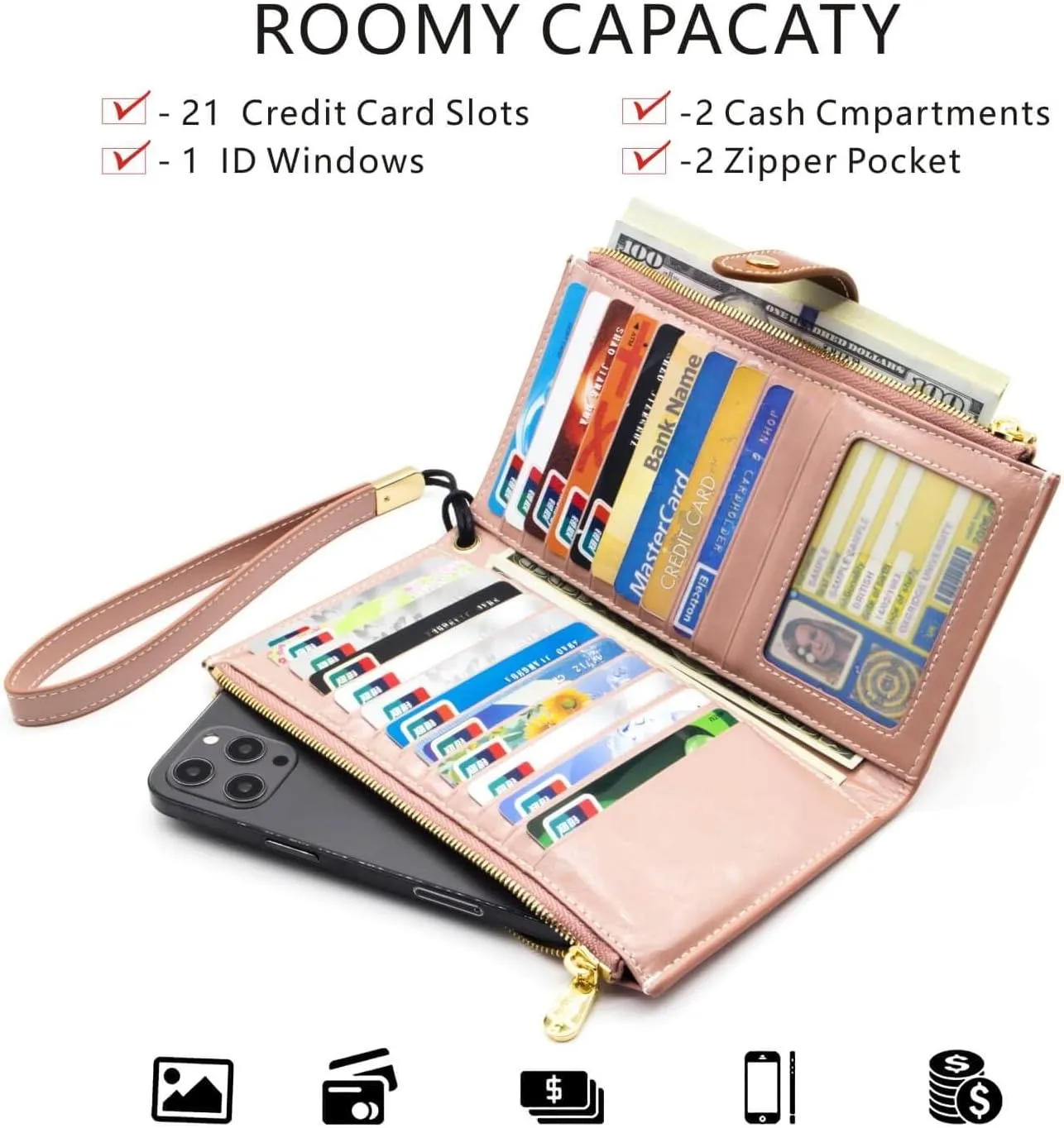 ANDOILT Women's Genuine Leather Wallet RFID Blocking Credit Card Holder Zipper Purse Cell Phone Handbag