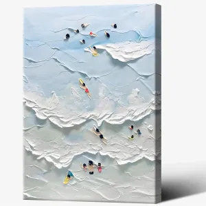 Anime Family Surf Adventure Canvas Art - Retro Coastal Vacation Memory Wall Decor | Whimsical Multi-Generation Beach Scene Print For Ocean Homes | Abstract Cartoon Wave Poster 24x36in Wframed