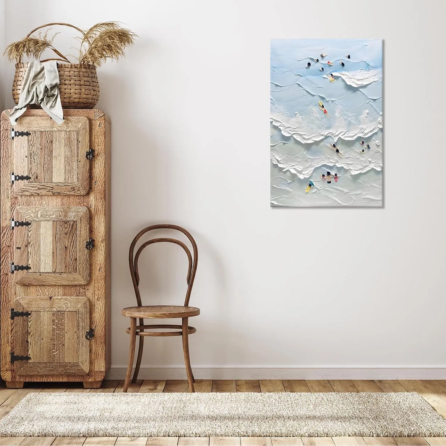Anime Family Surf Adventure Canvas Art - Retro Coastal Vacation Memory Wall Decor | Whimsical Multi-Generation Beach Scene Print For Ocean Homes | Abstract Cartoon Wave Poster 24x36in Wframed