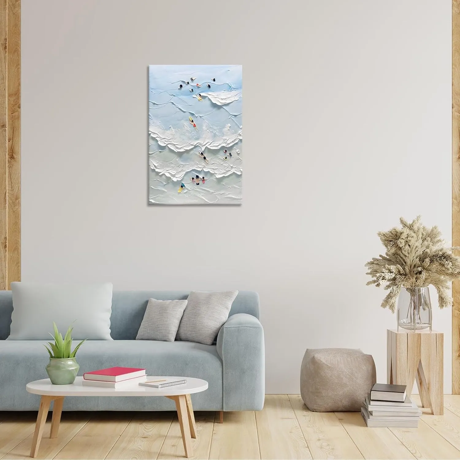 Anime Family Surf Adventure Canvas Art - Retro Coastal Vacation Memory Wall Decor | Whimsical Multi-Generation Beach Scene Print For Ocean Homes | Abstract Cartoon Wave Poster 24x36in Wframed