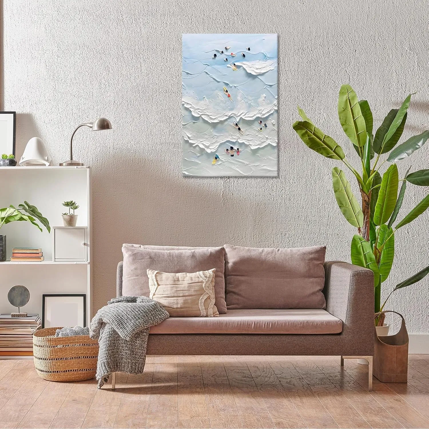 Anime Family Surf Adventure Canvas Art - Retro Coastal Vacation Memory Wall Decor | Whimsical Multi-Generation Beach Scene Print For Ocean Homes | Abstract Cartoon Wave Poster 24x36in Wframed