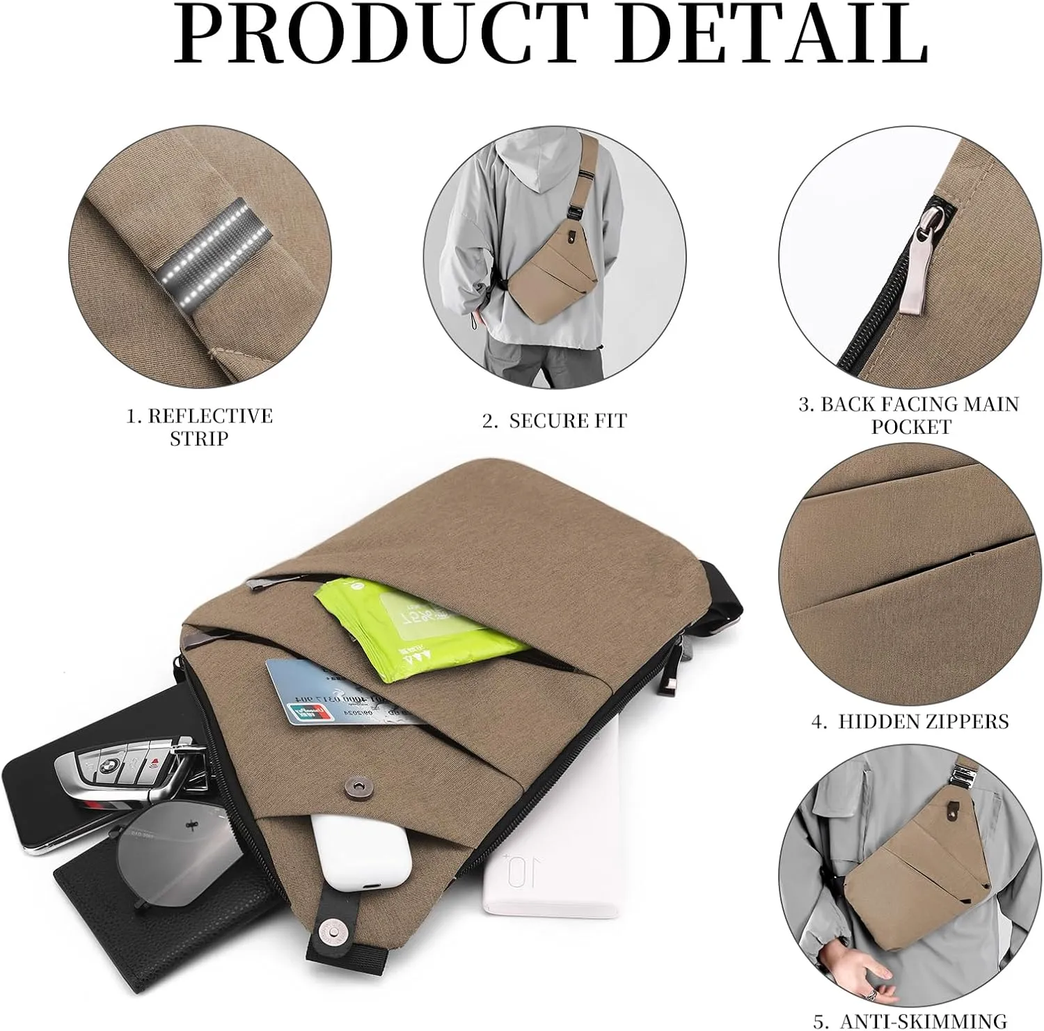 Anti Theft Crossbody Travel Bag - Multi-pocket Shoulder Bag with Adjustable Strap,Slim Sling Bag for Women Men
