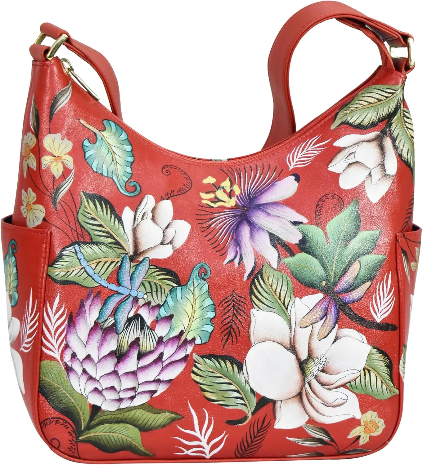 Anuschka Women's Hand-Painted Genuine Vegetable Tanned Leather Classic Hobo with Side Pockets - Crimson Garden