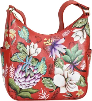 Anuschka Women's Hand-Painted Genuine Vegetable Tanned Leather Classic Hobo with Side Pockets - Crimson Garden