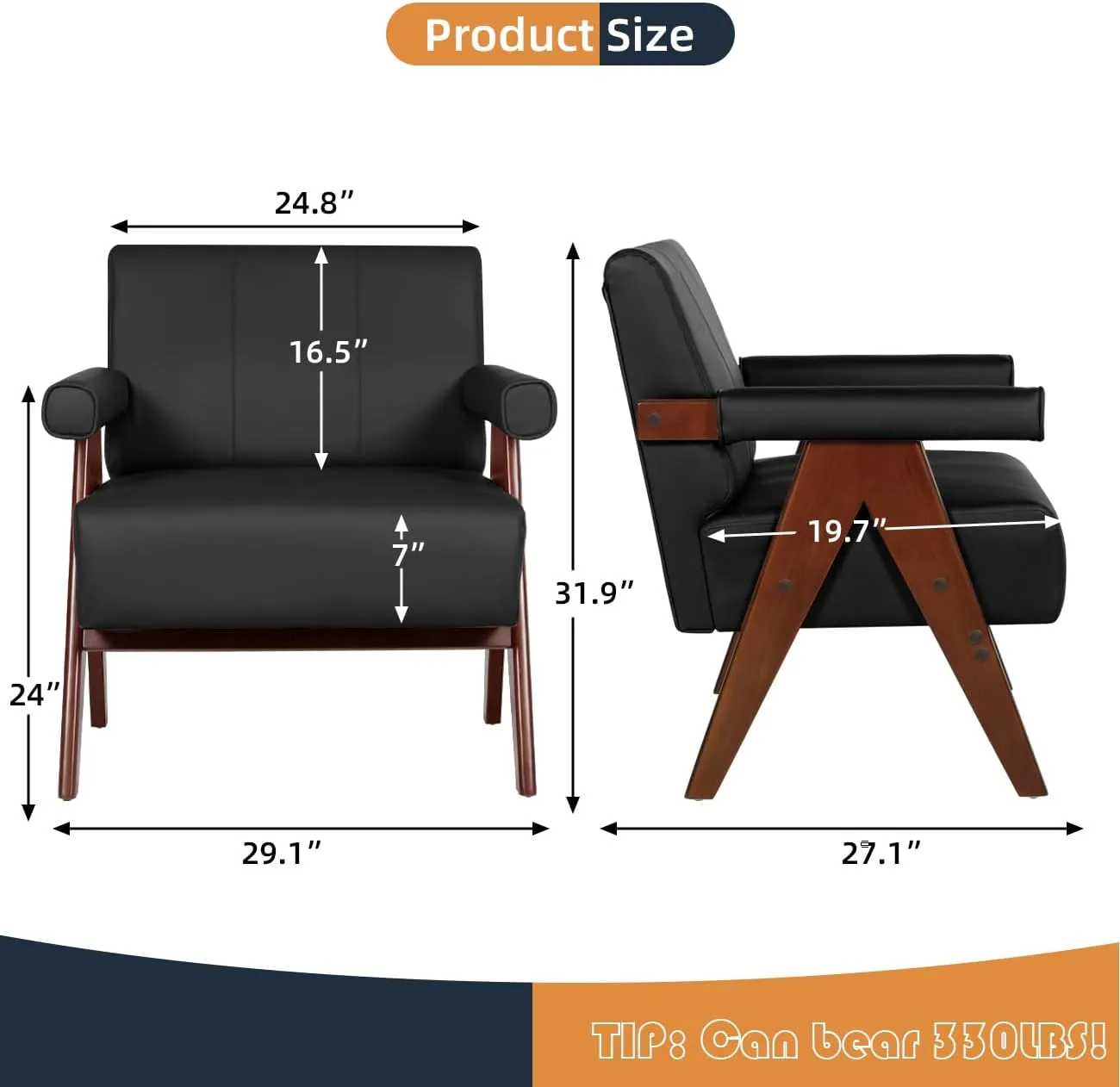 AODAILIHB Mid Century Modern Chairs Set of 2 Black Leather Accent Chair Wood Arms with Soft Bag Living Room Chairs with Thick Cushion Comfy Leisure Waiting Room Chairs Bedroom/Office (2, Black)