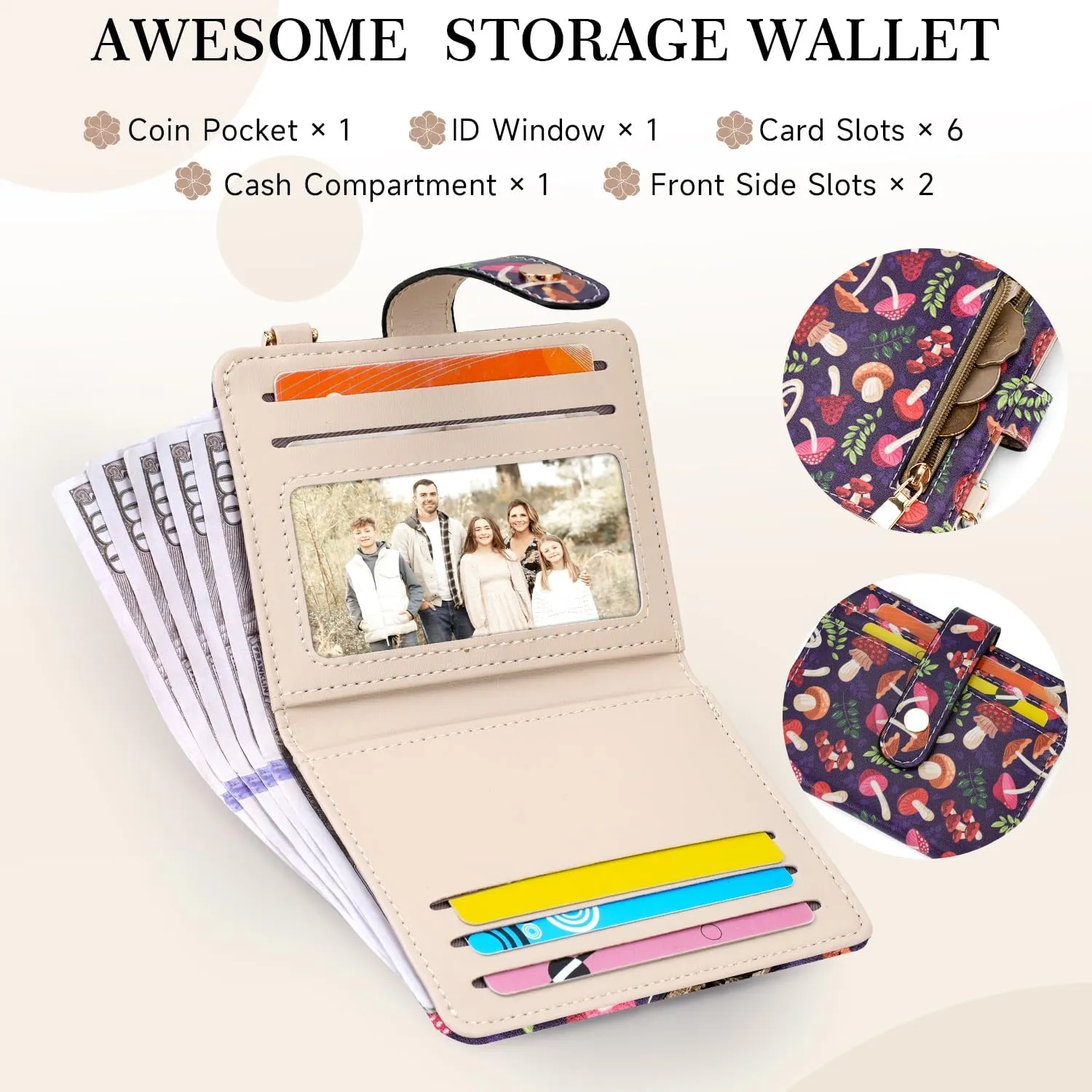 APHISON Women RFID Slim Bifold Wallet, Card Holder with Zipper Coin Purse, Ultra-Thin Compact Wallet with ID Window Minimalist Purple