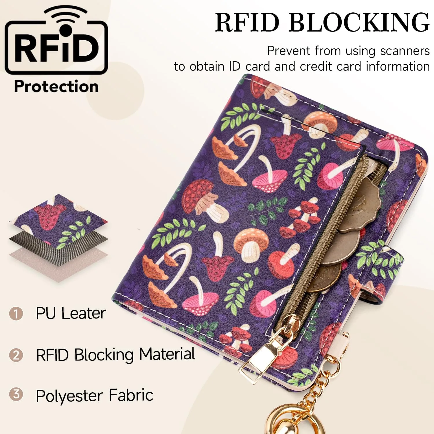 APHISON Women RFID Slim Bifold Wallet, Card Holder with Zipper Coin Purse, Ultra-Thin Compact Wallet with ID Window Minimalist Purple