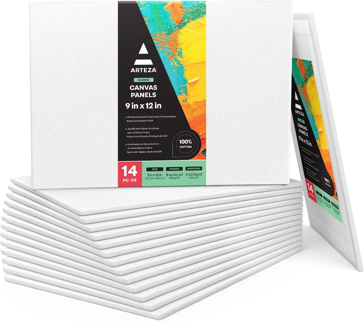 ARTEZA Canvas Boards for Painting, 9 x 12 Inches, Pack of 14, Blank White Canvas Panels for Acrylic, Oil and Gouache Painting
