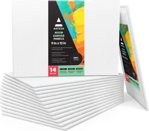 ARTEZA Canvas Boards for Painting, 9 x 12 Inches, Pack of 14, Blank White Canvas Panels for Acrylic, Oil and Gouache Painting