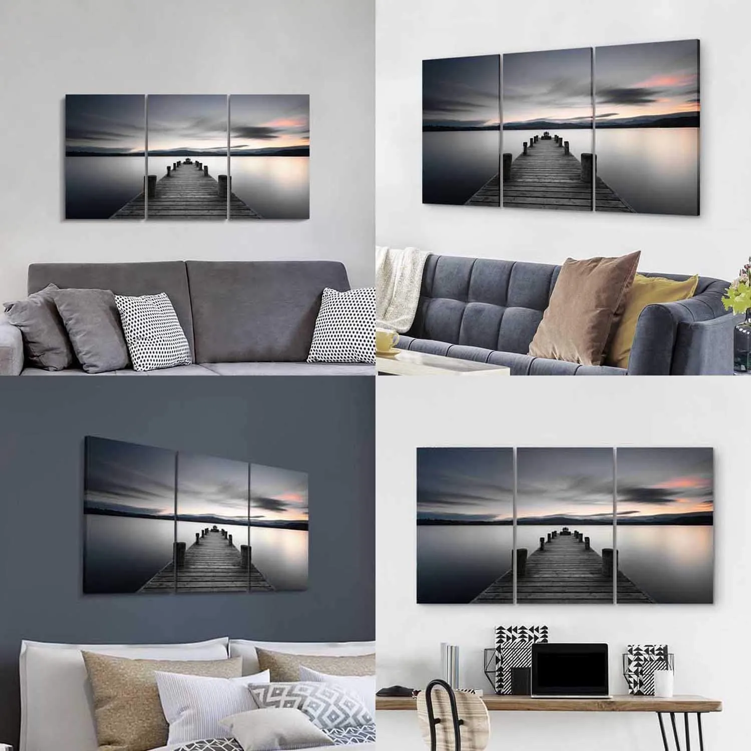 ARTISTIC PATH Lake Pictures Art Wall Decor: Beach Sunrise in Sea Bridge with Pier Canvas Printed for Bedroom (Overall 48" W x 26" H,Multi-Sized)