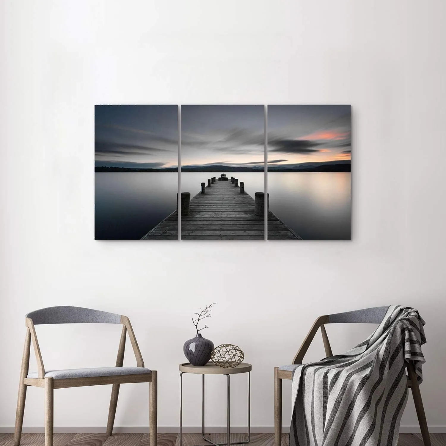 ARTISTIC PATH Lake Pictures Art Wall Decor: Beach Sunrise in Sea Bridge with Pier Canvas Printed for Bedroom (Overall 48" W x 26" H,Multi-Sized)