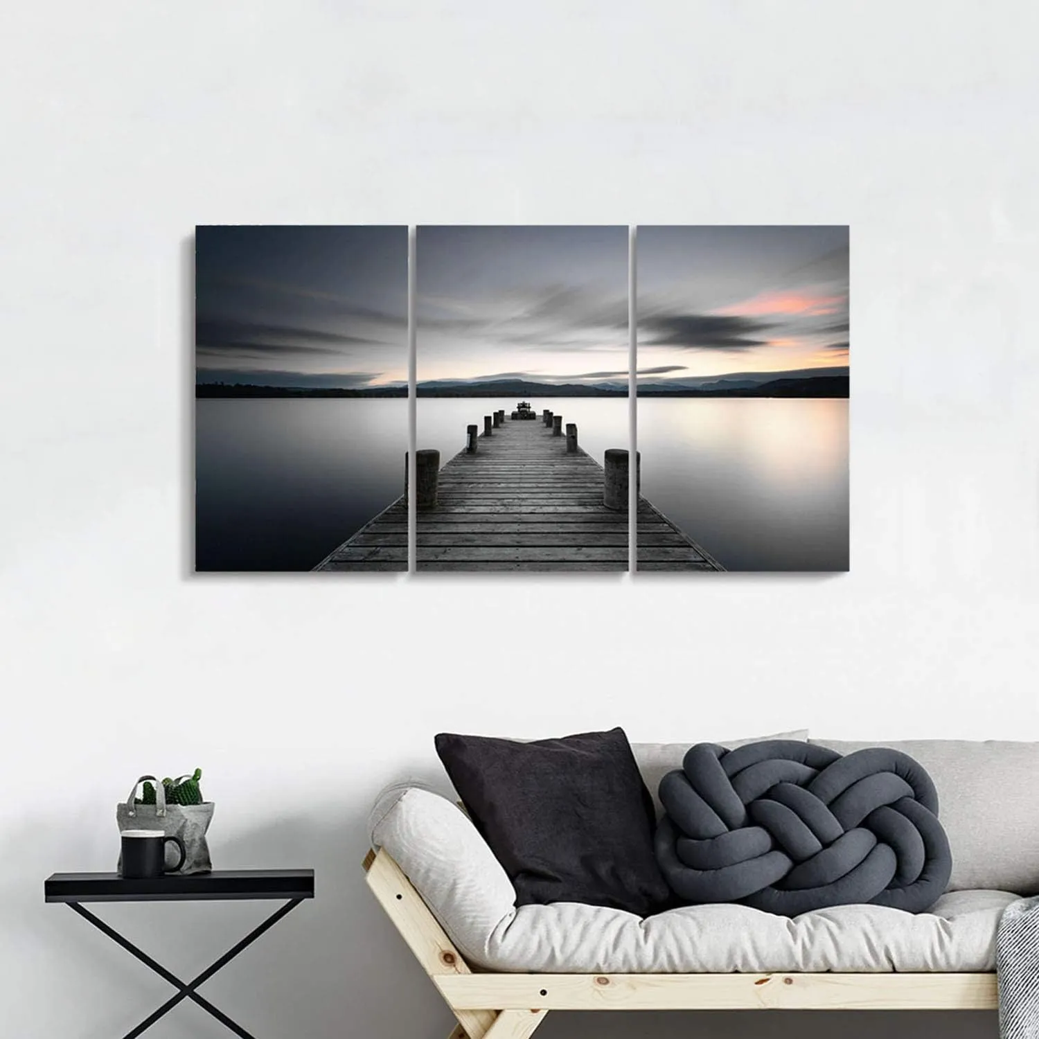 ARTISTIC PATH Lake Pictures Art Wall Decor: Beach Sunrise in Sea Bridge with Pier Canvas Printed for Bedroom (Overall 48" W x 26" H,Multi-Sized)