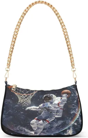 Astronaut Basketball Space Nebula Tote Bag Hobo Handbag Shoulder Bag for Women Ladies Mini Clutch Purse with Zipper Closure