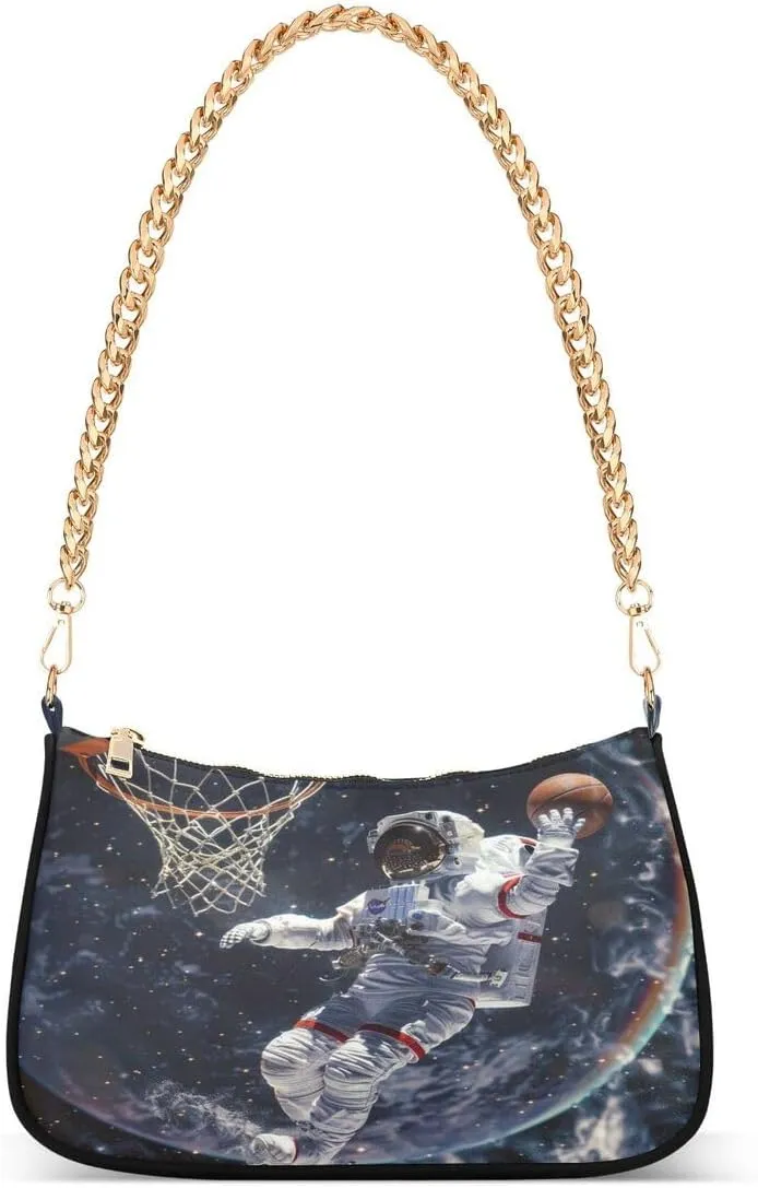 Astronaut Basketball Space Nebula Tote Bag Hobo Handbag Shoulder Bag for Women Ladies Mini Clutch Purse with Zipper Closure