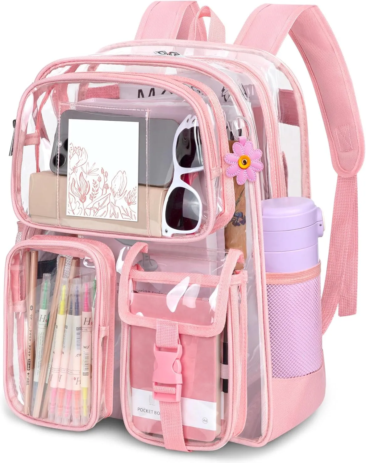 Attmu Clear Backpack, Heavy Duty PVC Clear Bag for Stadium Events with Shoulder Straps, Large Bookbag with Dual Zippered Compartments & Mesh Side Pockets for School, Travel, College, Work(Pink)
