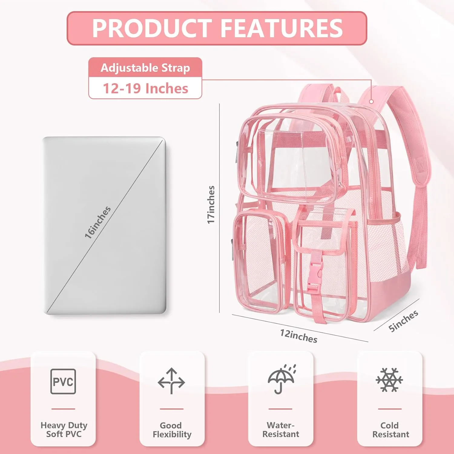 Attmu Clear Backpack, Heavy Duty PVC Clear Bag for Stadium Events with Shoulder Straps, Large Bookbag with Dual Zippered Compartments & Mesh Side Pockets for School, Travel, College, Work(Pink)