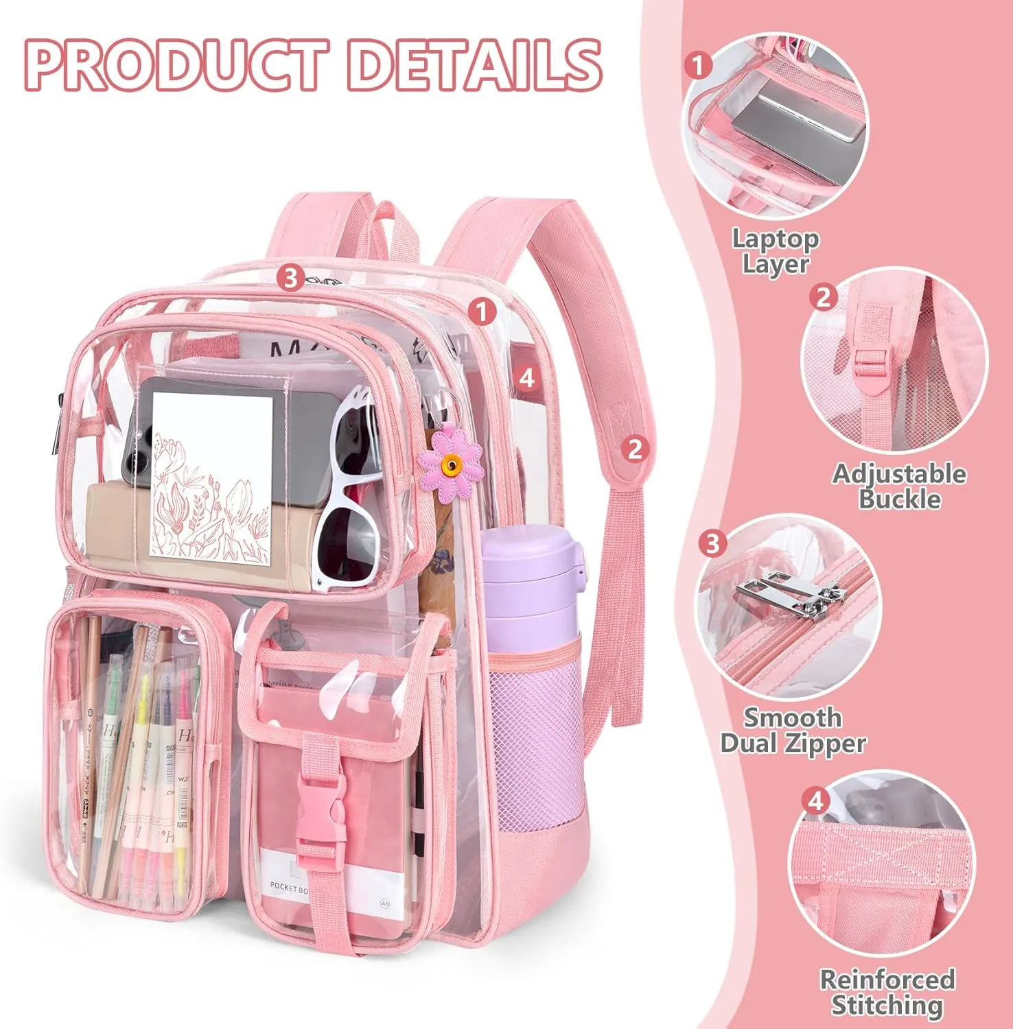 Attmu Clear Backpack, Heavy Duty PVC Clear Bag for Stadium Events with Shoulder Straps, Large Bookbag with Dual Zippered Compartments & Mesh Side Pockets for School, Travel, College, Work(Pink)