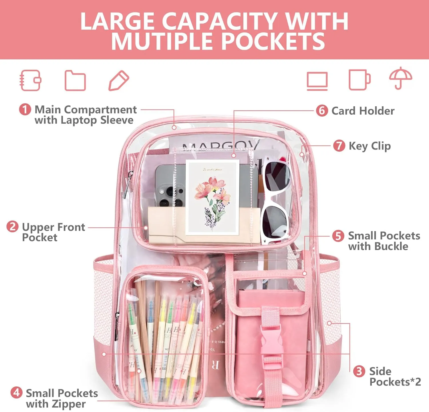 Attmu Clear Backpack, Heavy Duty PVC Clear Bag for Stadium Events with Shoulder Straps, Large Bookbag with Dual Zippered Compartments & Mesh Side Pockets for School, Travel, College, Work(Pink)