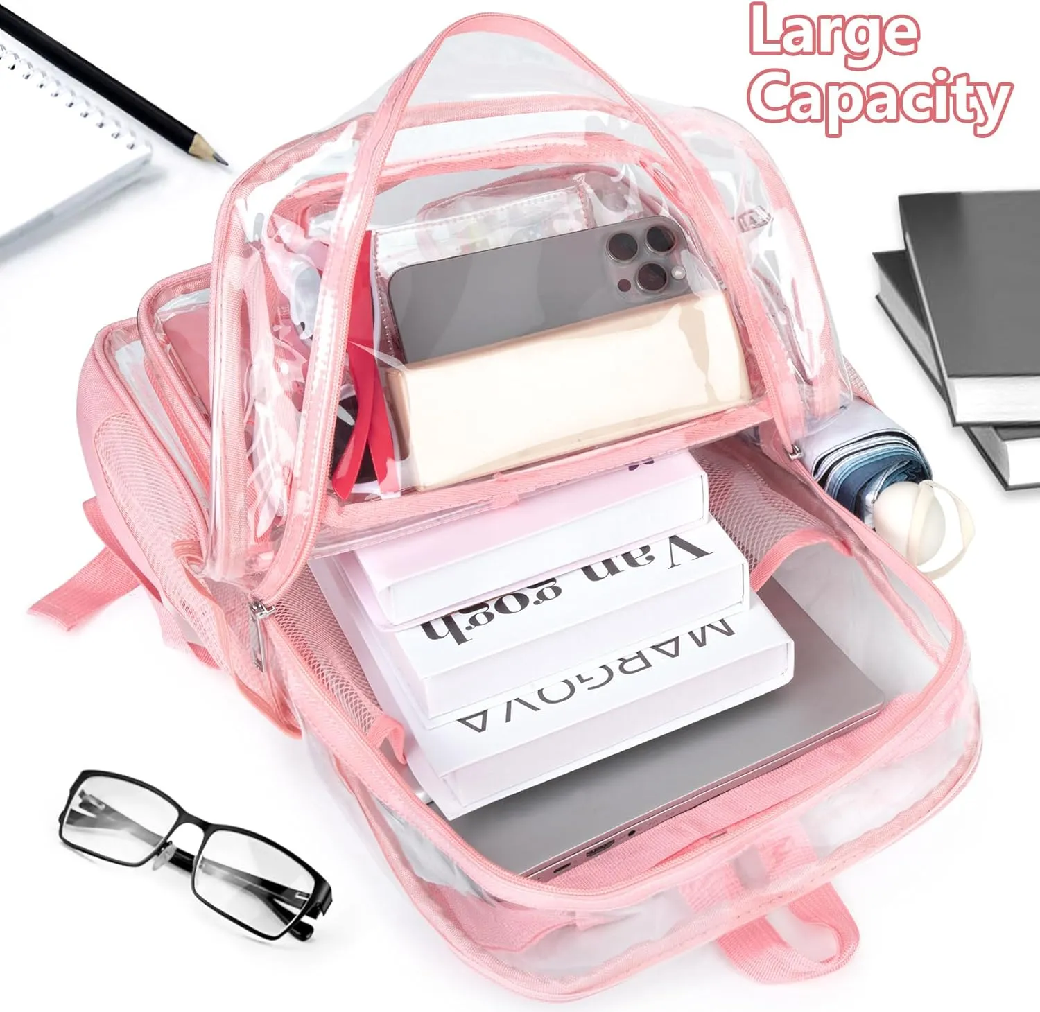 Attmu Clear Backpack, Heavy Duty PVC Clear Bag for Stadium Events with Shoulder Straps, Large Bookbag with Dual Zippered Compartments & Mesh Side Pockets for School, Travel, College, Work(Pink)
