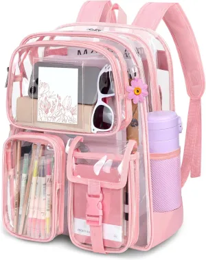 Attmu Clear Backpack, Heavy Duty PVC Clear Bag for Stadium Events with Shoulder Straps, Large Bookbag with Dual Zippered Compartments & Mesh Side Pockets for School, Travel, College, Work(Pink)