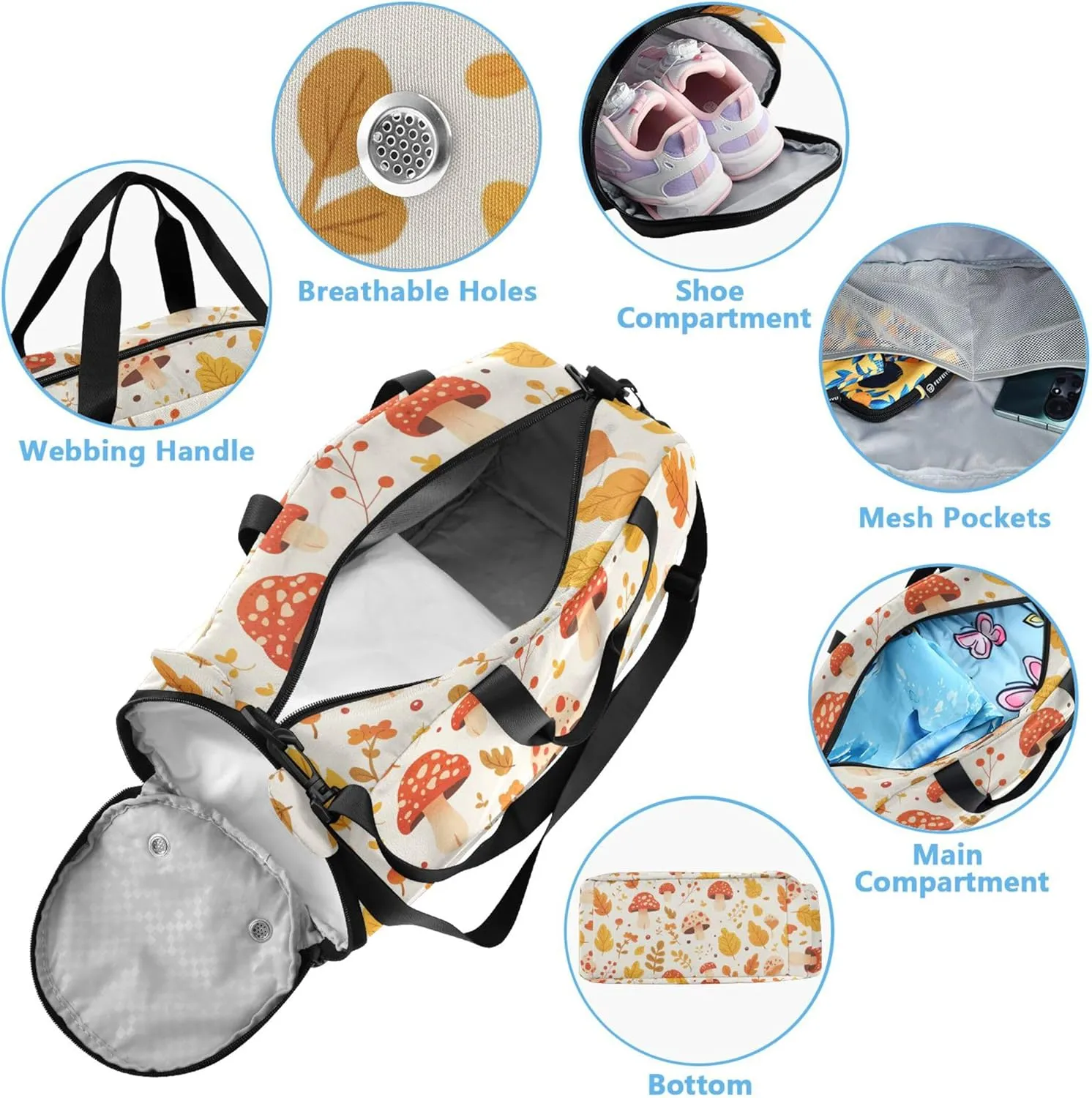 Autumn Leaves Mushrooms Duffel Gym Bags with Shoes Compartment Lightweight Weekender Overnight Dance Bag for Travel, Sports, Duffel, Weekender
