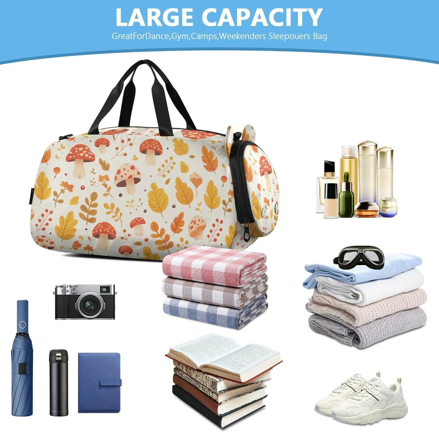Autumn Leaves Mushrooms Duffel Gym Bags with Shoes Compartment Lightweight Weekender Overnight Dance Bag for Travel, Sports, Duffel, Weekender