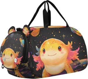 Axolotl Universe Stars Duffle Bag for Toddler Girls Boys, Sports Gym Bag with Shoe Compartments, Kids Travel Overnight Weekender Shoulder Bag